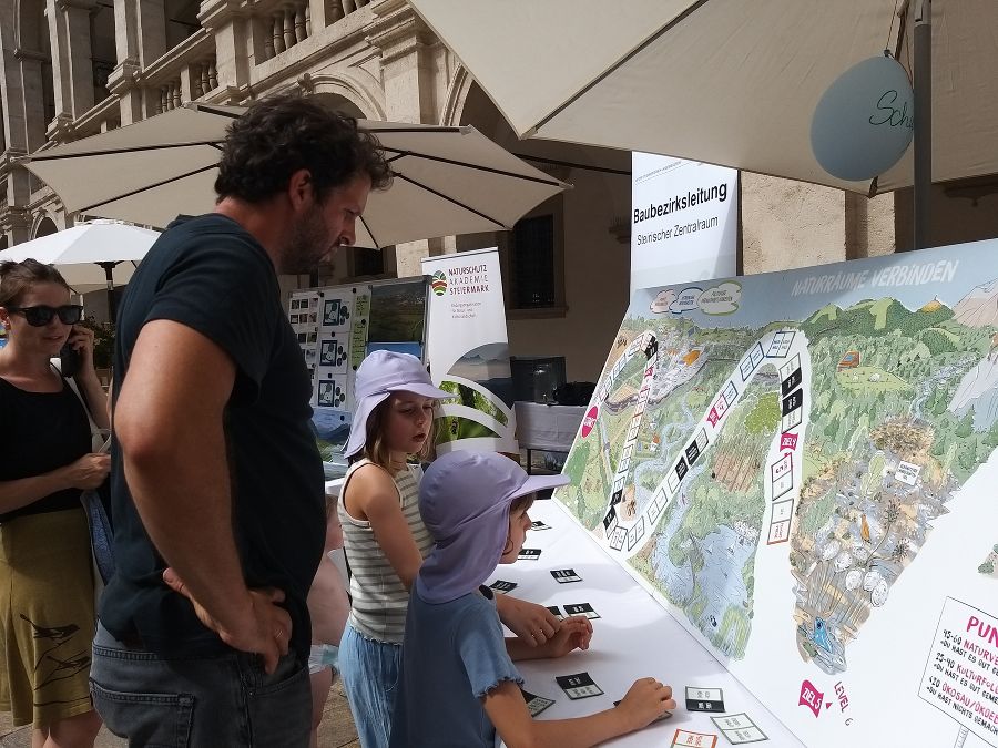 Aaron Scholz-Lechner (BBL SZ) erklärt auf spielerische Weise für Jung und Alt die Anliegen des Biotopverbundes Aaron Scholz-Lechner (BBL SZ) erklärt auf spielerische Weise für Jung und Alt die Anliegen des Biotopverbundes